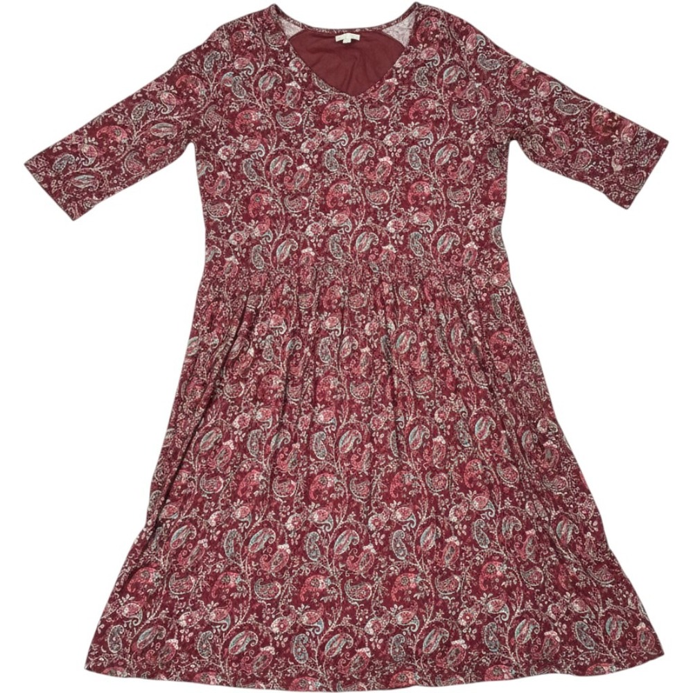 Garnet Hill Burgundy Paisley V-Neck Midi Dress Size 12 3/4 Sleeve Elastic Waist